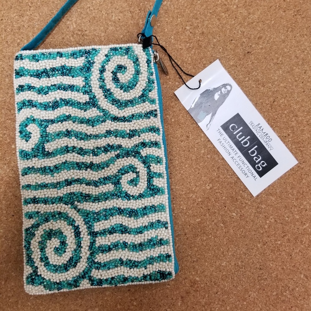 Bamboo Trading Beaded Crossbody Purse Turq Tan